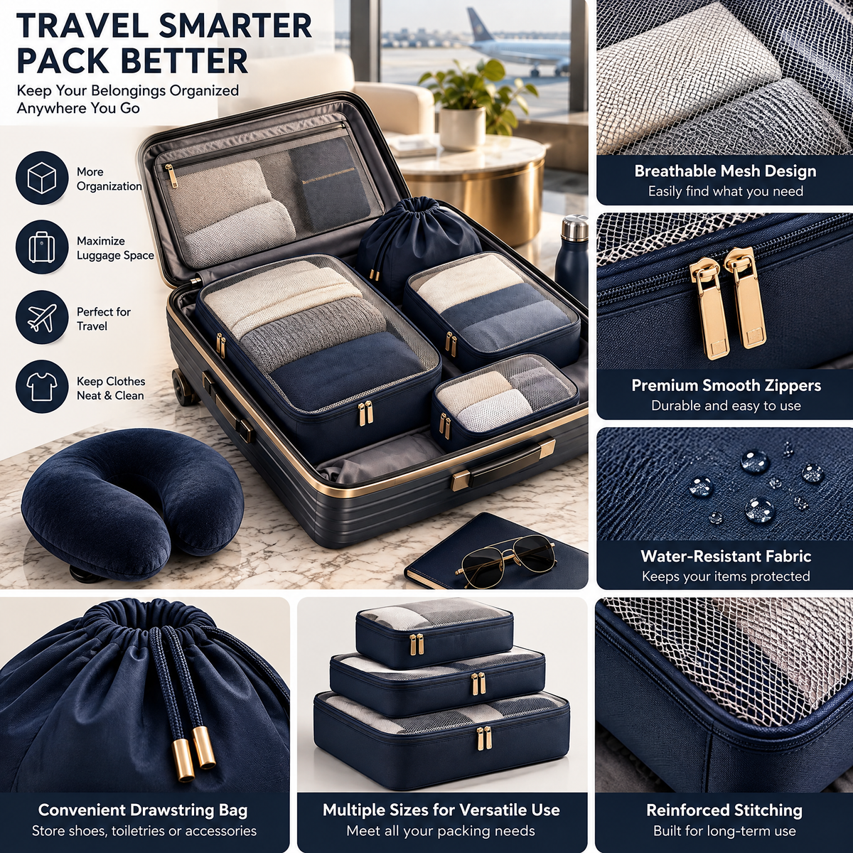 zyqvurel™ Navy Suitcase Packing Organizer Set