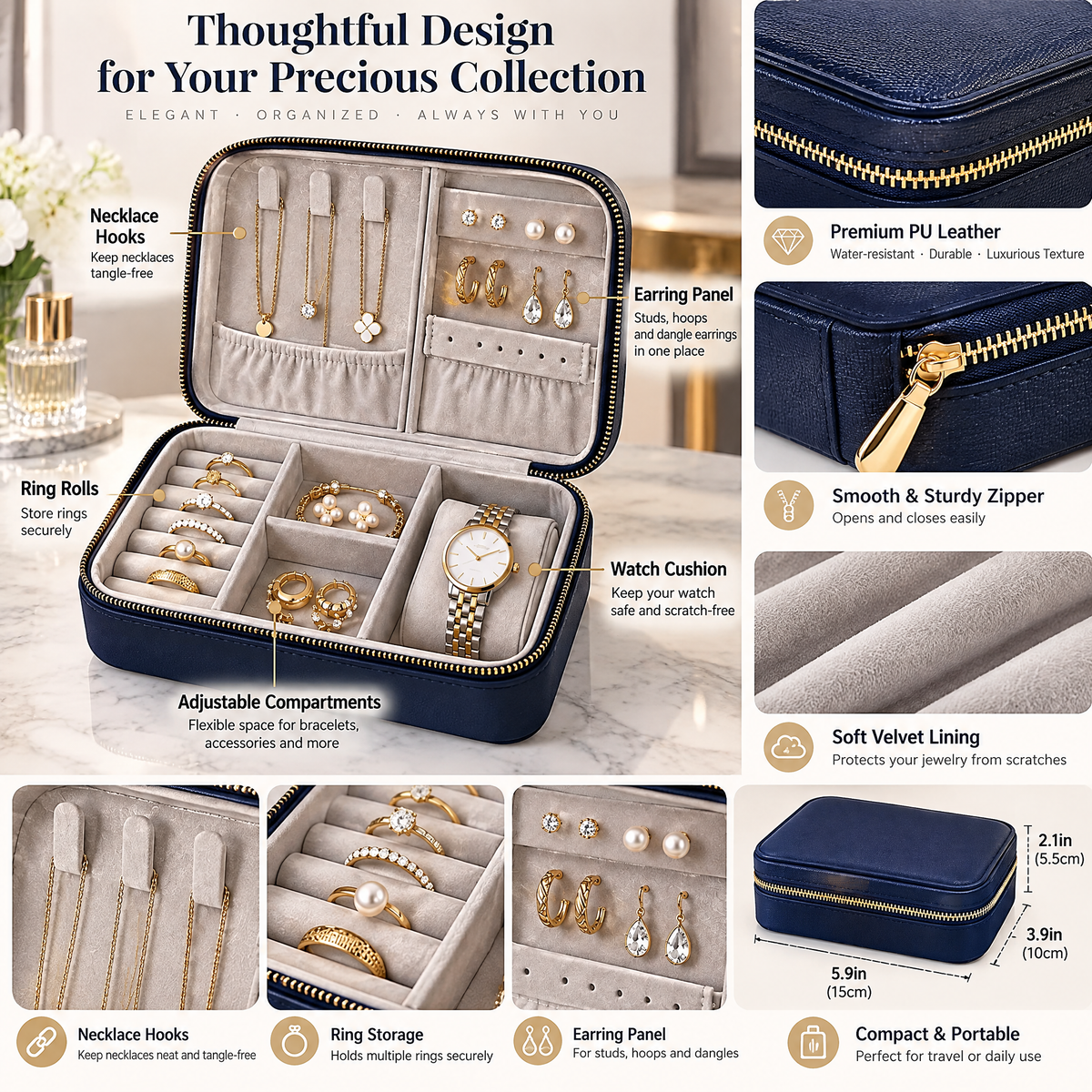 zyqvurel™ Compact Zip-Around Travel Jewelry Case
